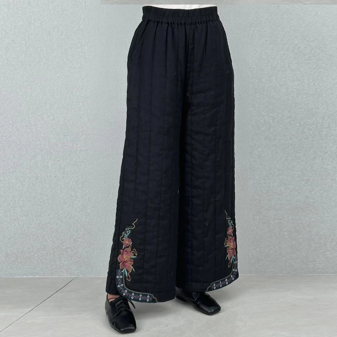 2025冬季新款亚麻夹棉休闲裤子女民族风复古文艺时尚松紧腰棉裤