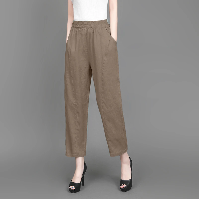 2025夏季新款亚麻萝卜裤女哈伦裤松紧腰休闲裤宽松小脚九分裤
