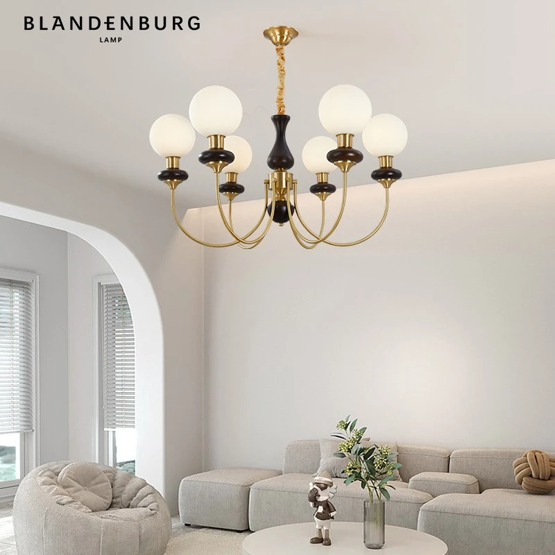 魔豆胡桃木吊灯中古轻奢南洋风中山实木主灯全铜美式复古客厅灯具