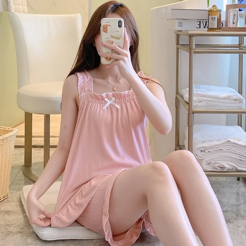睡衣女夏天外穿吊带日系甜美可爱纯色少女夏季薄款宽松家居服套装
