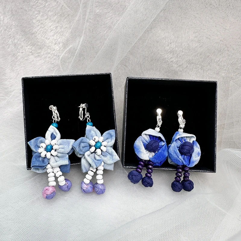 非遗手作布艺扎染蓝靛染色工艺国风新中式耳钩配饰