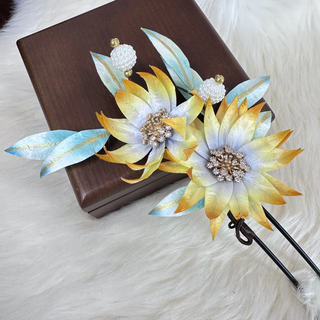 非遗手作绒花国风新中式扁绒昙花牡丹发簪发钗古风汉服配饰