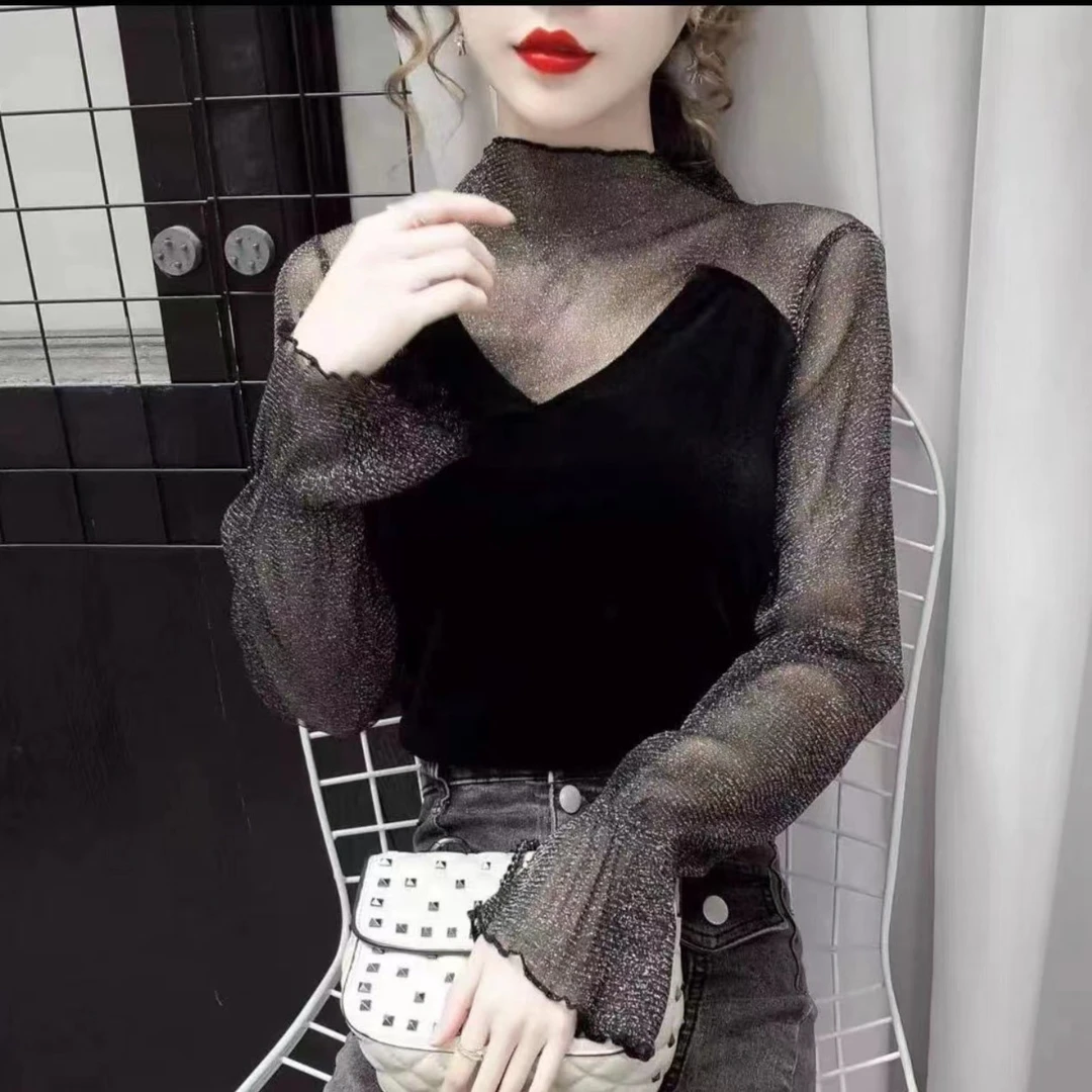 （010）时尚亮丝网纱半高领拼接金丝绒喇叭袖女神打底衫上衣