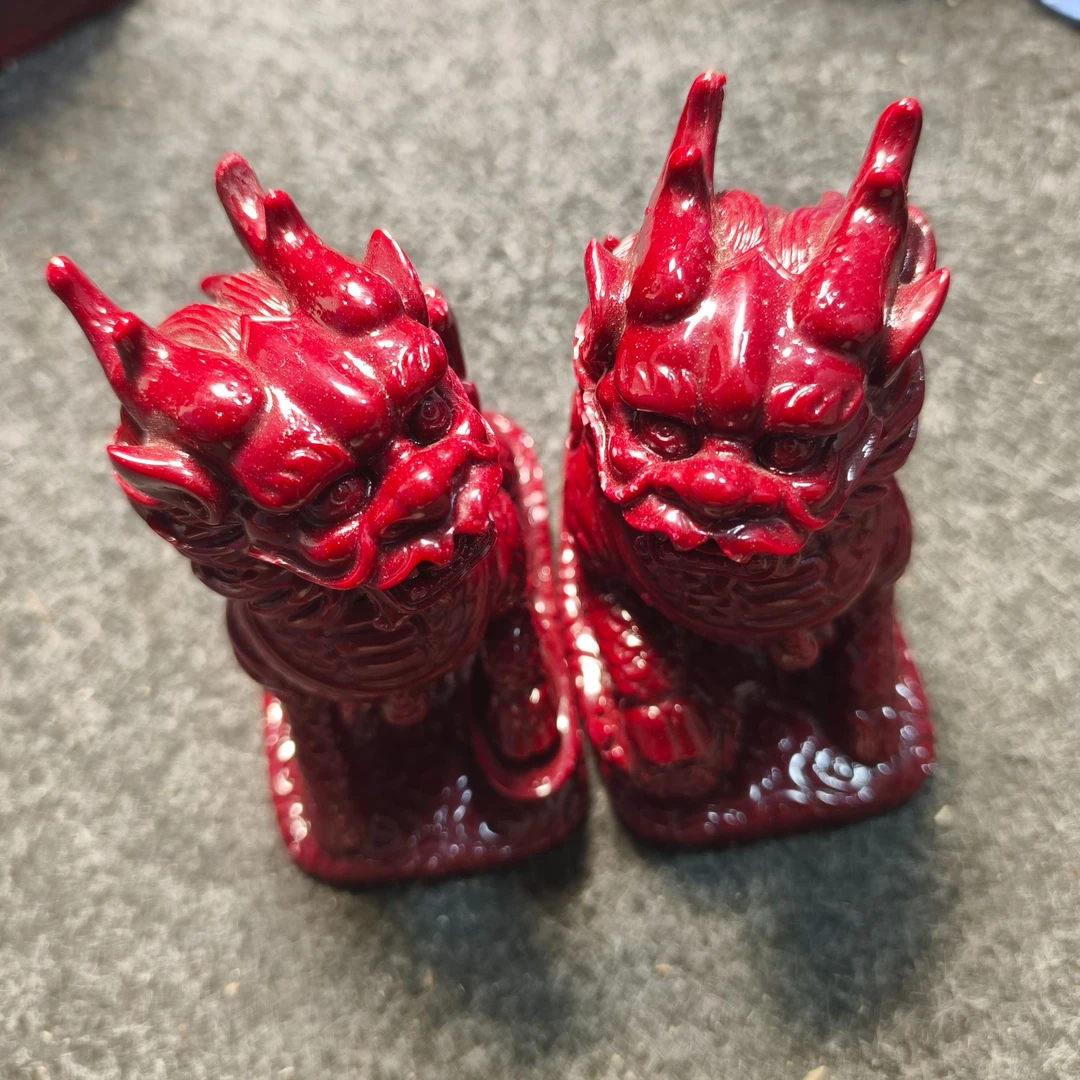 天然辰砂朱砂麒麟摆件一对