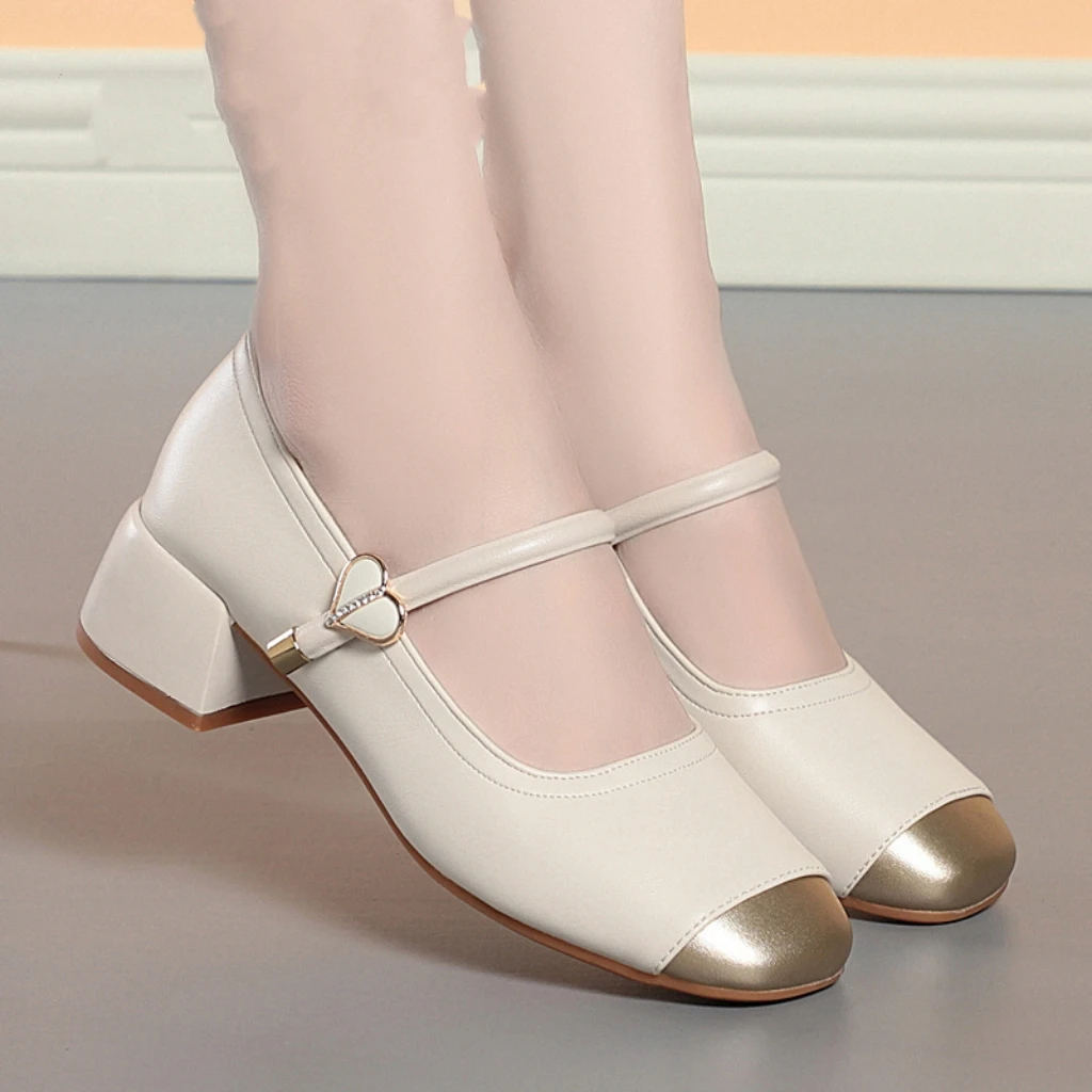 2024秋冬新款妈妈鞋浅口方头粗跟复古拼色法式一字扣软皮玛丽珍鞋