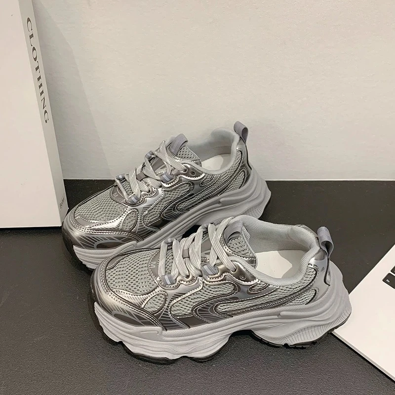 真皮双网银色老爹鞋女秋季2024新款松糕厚底鞋爆款增高轻便运动鞋