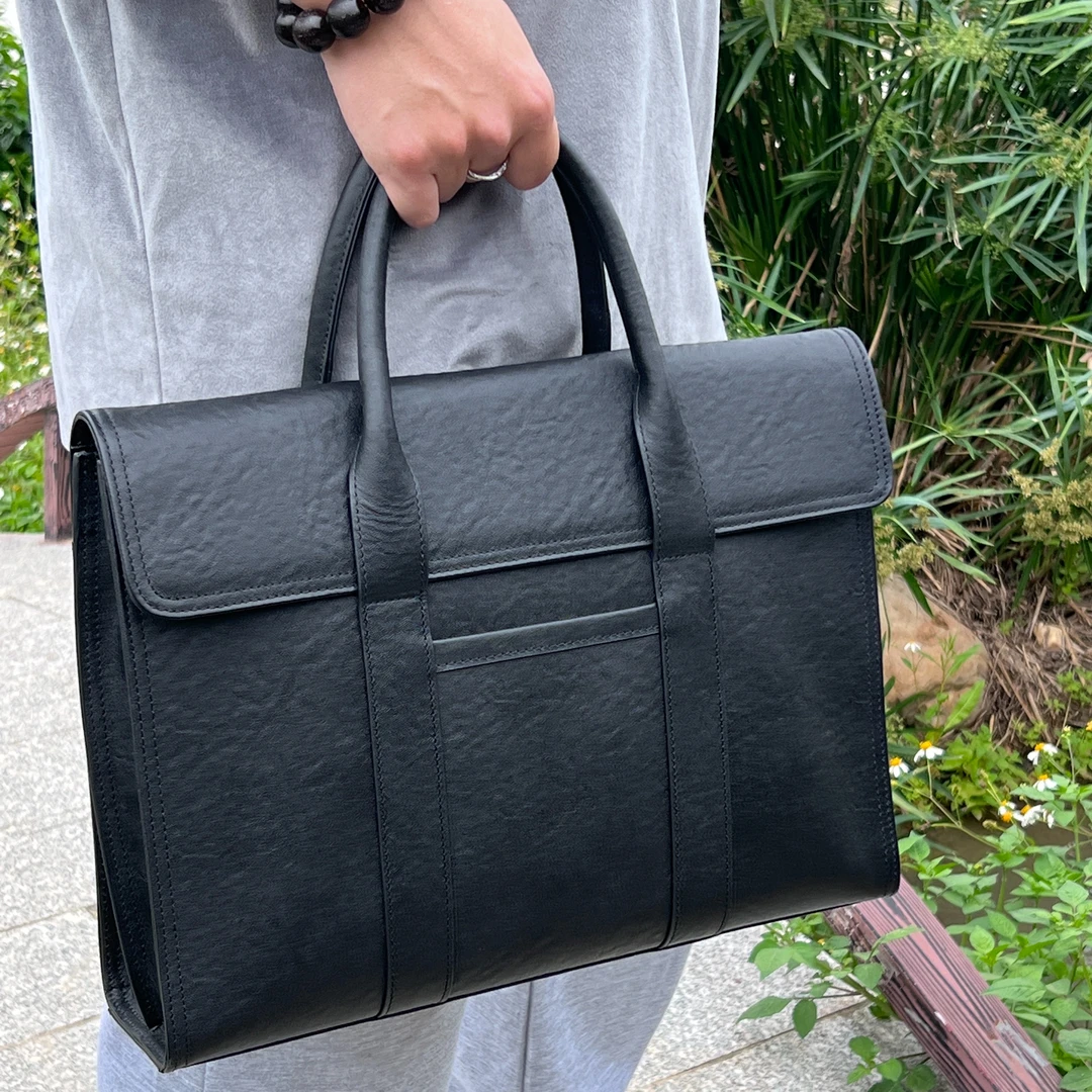 男士头层牛皮时尚休闲真皮商务公文包黑色简约轻奢男士包经典百搭