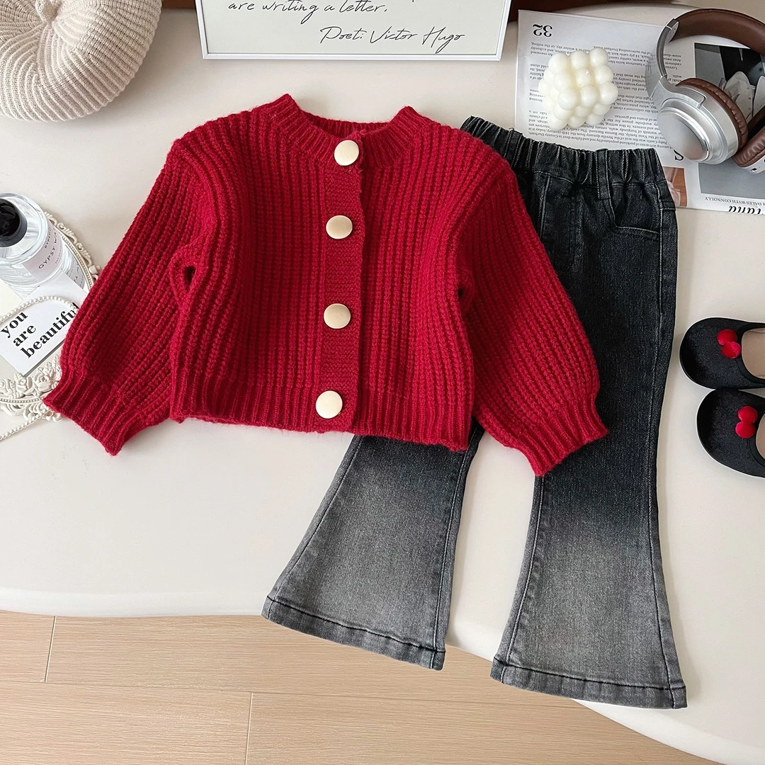 2024韩版秋季新款女宝套装洋气时髦针织开衫毛衣外套喇叭裤Q67396