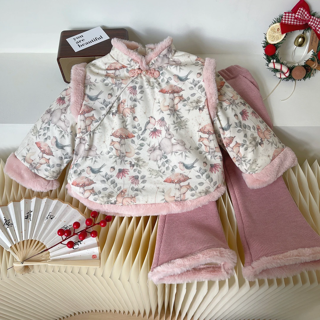 女童套装冬装洋气儿童唐装加绒女宝礼服过年拜年汉服两件套68251