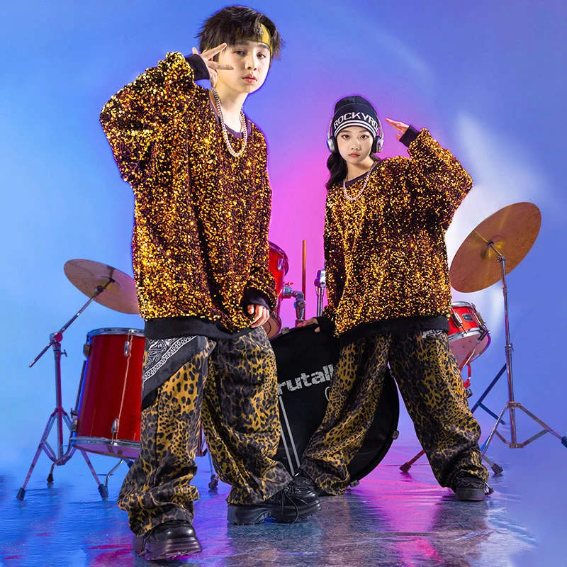 儿童街舞服男女童炫酷亮片上衣豹纹裤嘻哈hiphop架子鼓走秀演出服