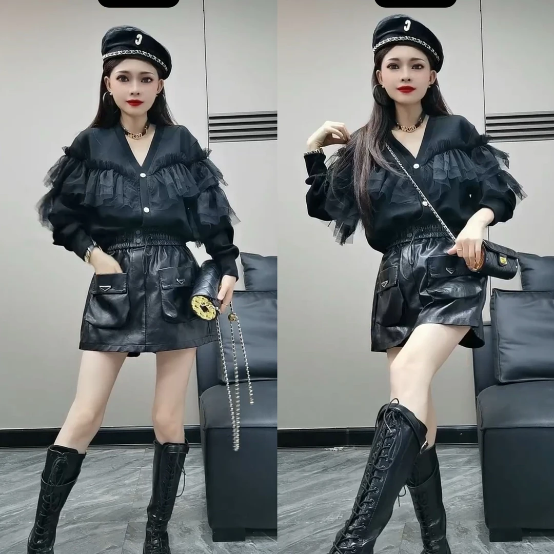 8666#XYG新款小香风V领女长袖时尚气质开衫显瘦网纱拼接上衣百搭