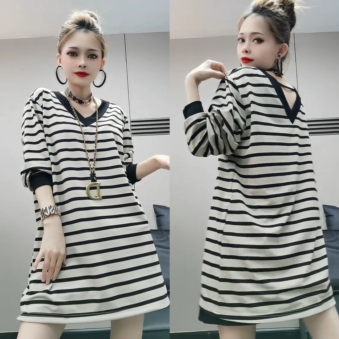736#sYs秋季新款条纹长袖t韩版V领双面穿宽松显瘦中长款打底衫