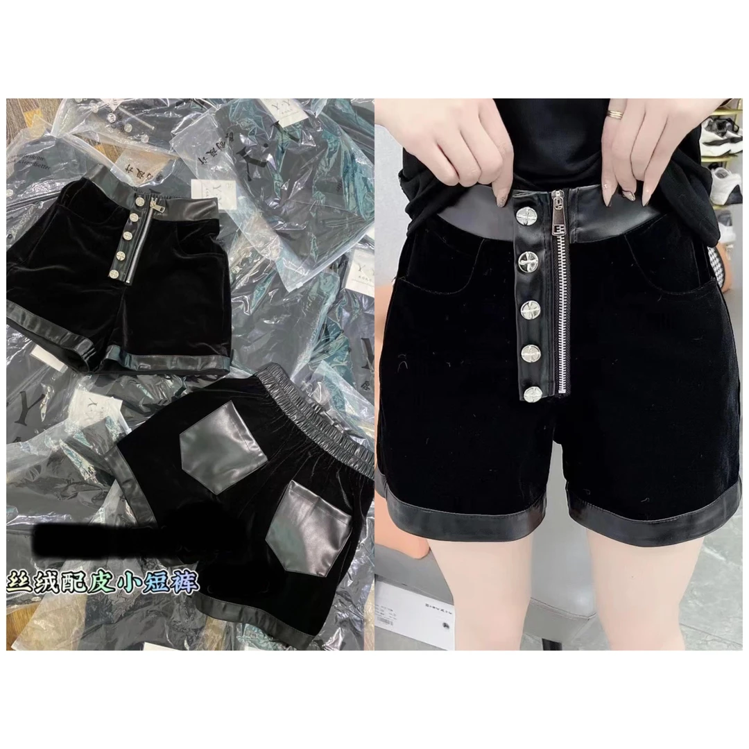 紫拉+2880#YC【丝绒拼水洗皮短裤】