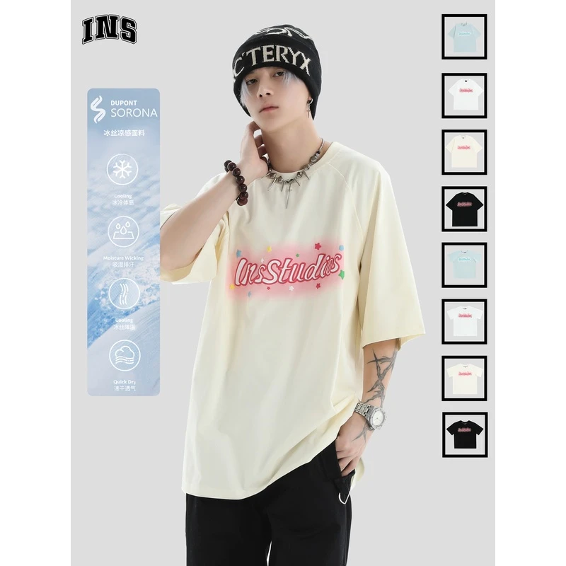 INSstudios国潮牌情侣美式凉感涂鸦发泡星星LOGO短袖冰皮短款T恤