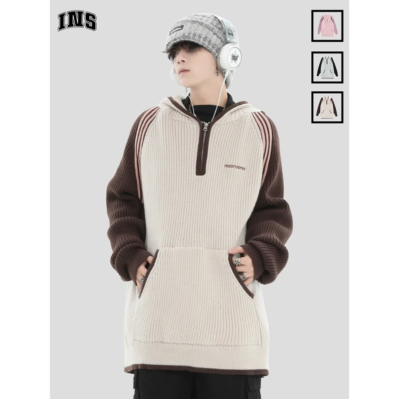 INSstudios国潮牌情侣美式撞色拼条插肩袖连帽毛衣宽松针织上衣