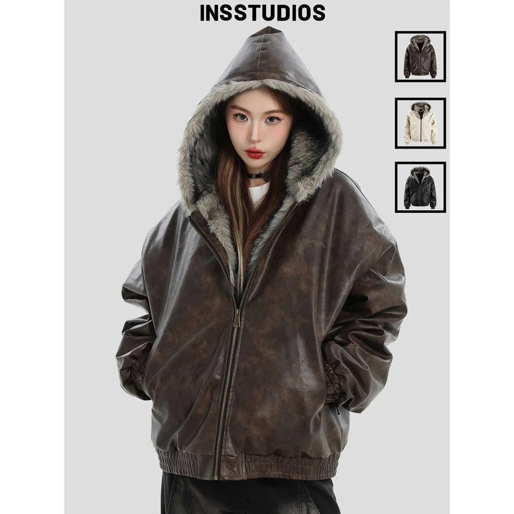INSstudios国潮牌情侣美式毛领座山雕外套宽松保暖夹克PU皮棉服