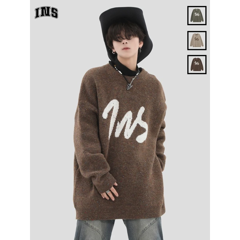 INSstudios国潮牌情侣美式彩点提花LOGO毛衣宽松套头针织羊毛衫
