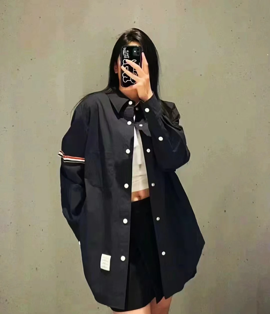 T老师经典男女同款条纹装饰衬衫版夹克外套金属暗扣