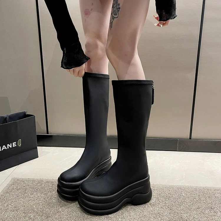 大东陂冬季新款时尚英伦风厚底长筒靴女增高百搭弹力瘦瘦靴小个子