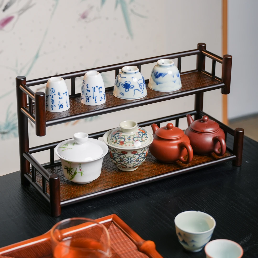 【云梯】楠竹竹编黑色茶架壶架杯架小博古架茶具收纳手工茶道茶杯架