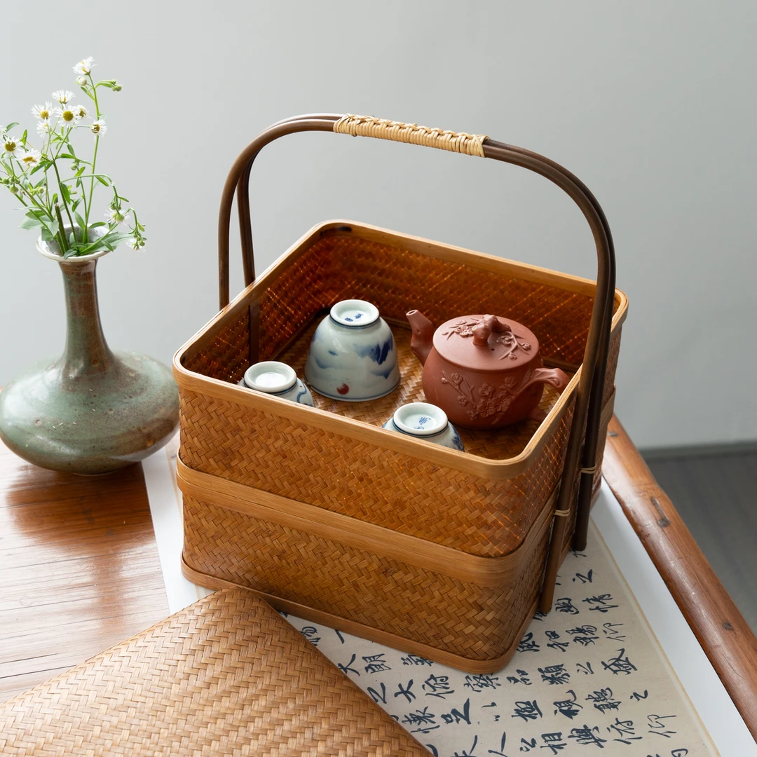 【古风】竹编提篮茶道茶具收纳篮带盖家用水果野餐盒食盒