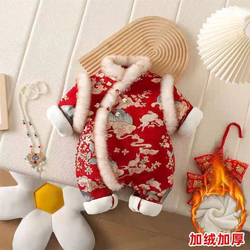 宝宝过年衣服冬季婴幼儿喜庆连体衣满月周岁小孩加绒加厚外出年服