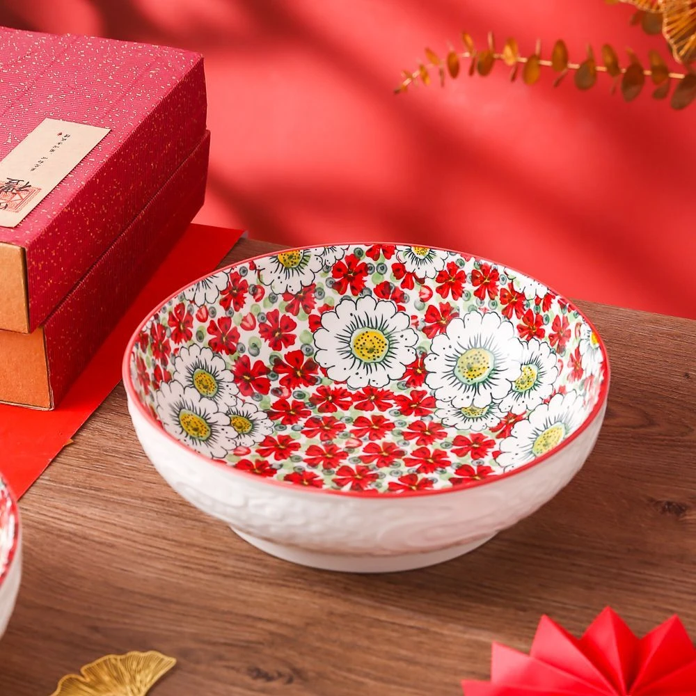 釉下彩陶瓷碗餐具红浆果9英寸祥云浮雕汤盆1家用汤碗大号和面盆