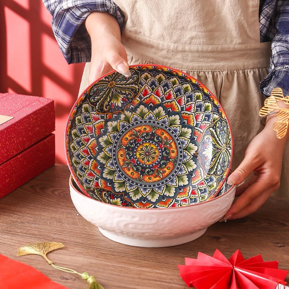 高温釉下彩陶瓷碗盘餐具维纳斯9英寸祥云浮雕汤盆2个汤碗大号家用