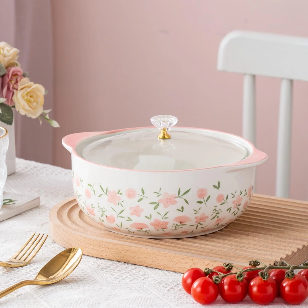 Q釉下彩陶瓷餐具汤碗家用大号高颜值十里桃花9英寸玻璃盖汤碗1个