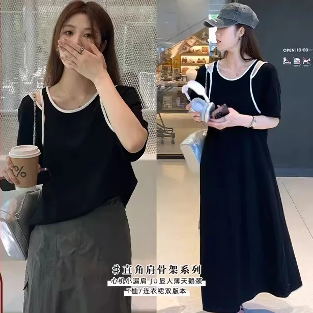 【现货秒发-NAZ依依大码定制】复古撞色挖肩短袖上衣/连衣裙双版本