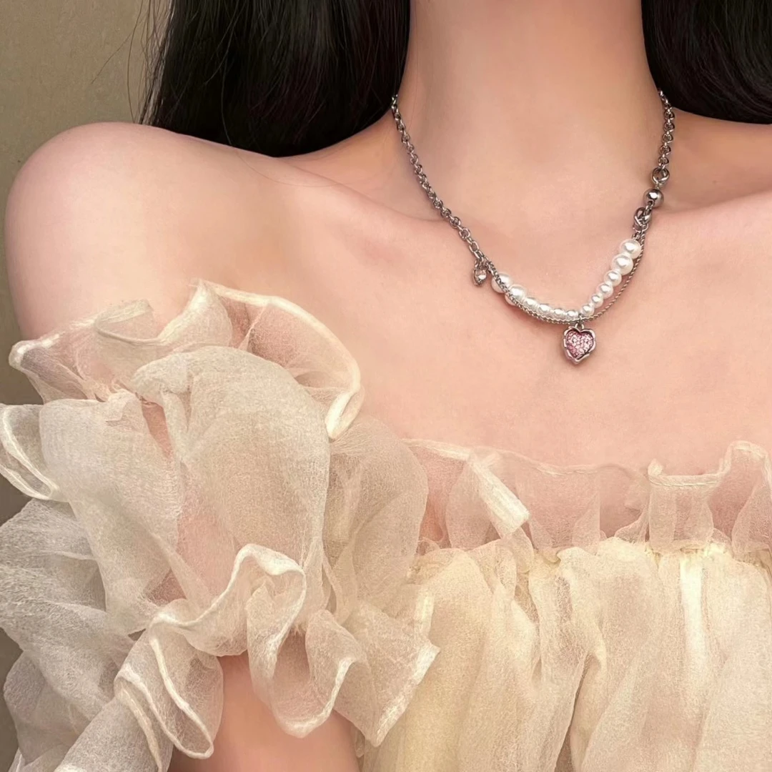 卡兰朵 不锈钢仿珍珠项链 爱心拼接珍珠项链女粉色锁骨链桃心颈链