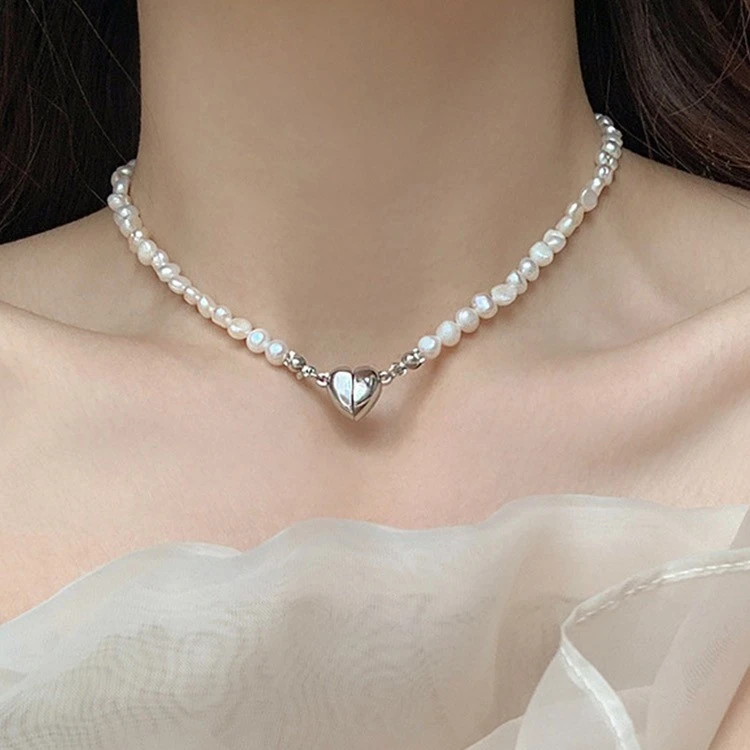 卡兰朵 不锈钢贝珠项链 巴洛克异珠爱心锁骨链女法式轻奢项链