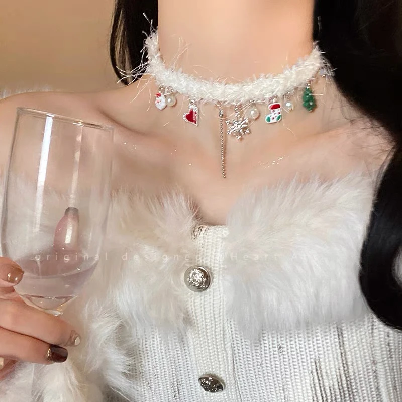 非金属布艺项链 雪花毛绒项链女圣诞氛围感锁骨链项圈冬季小众