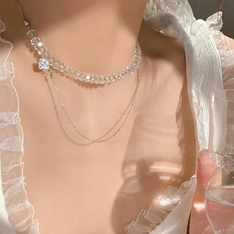 钛钢仿水晶项链 甜酷辣妹水晶串珠双层项链女高级感锁骨链颈链