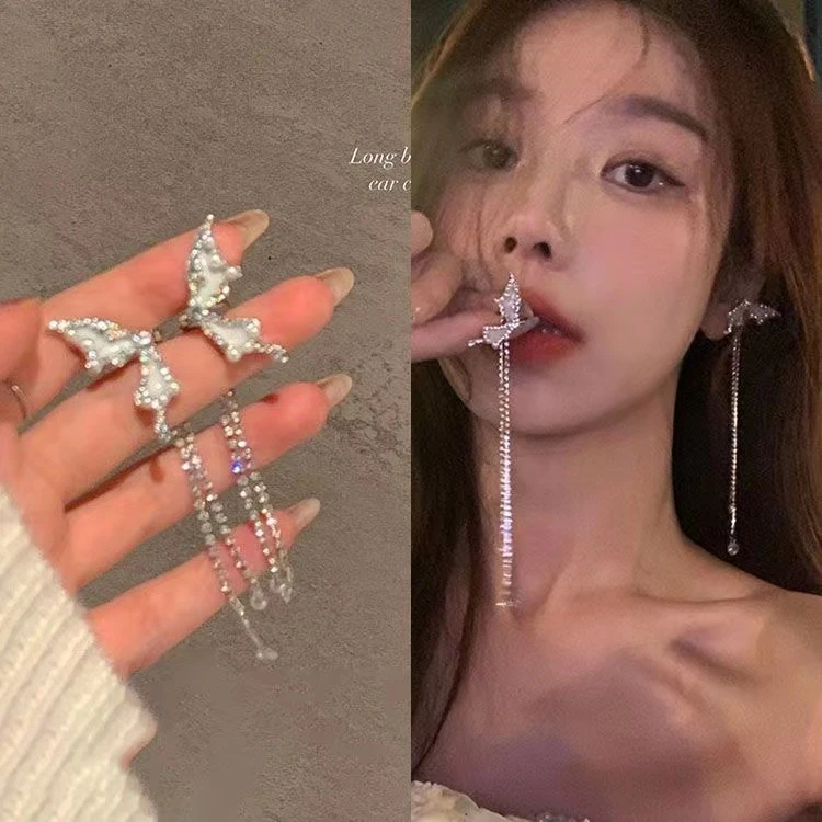 卡兰朵 铜合金耳饰 精灵耳白闪蝶仙气流苏蝴蝶耳骨夹女无耳洞小众