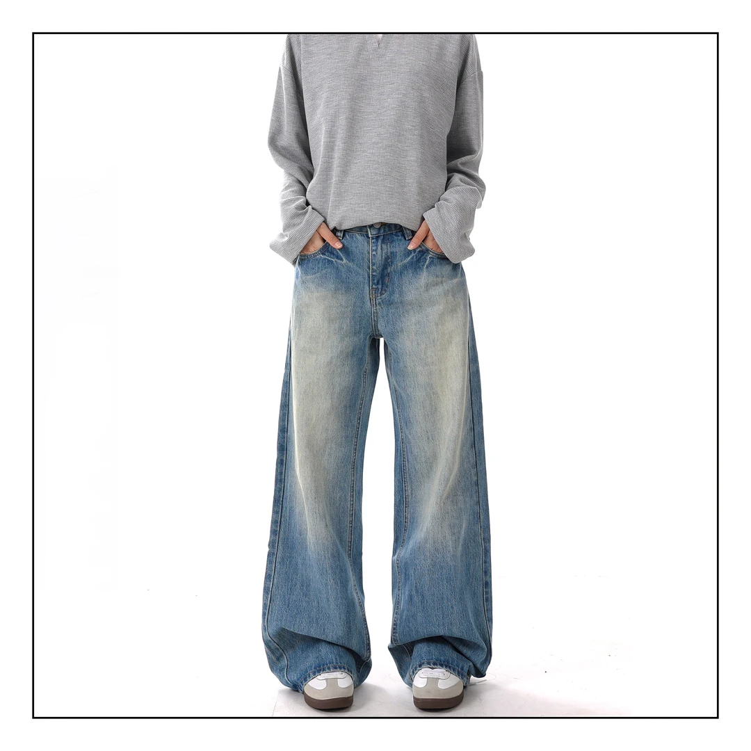 WILDPINE鹭卓同款美式复古水洗蓝色牛仔裤男女宽松直筒休闲阔腿裤