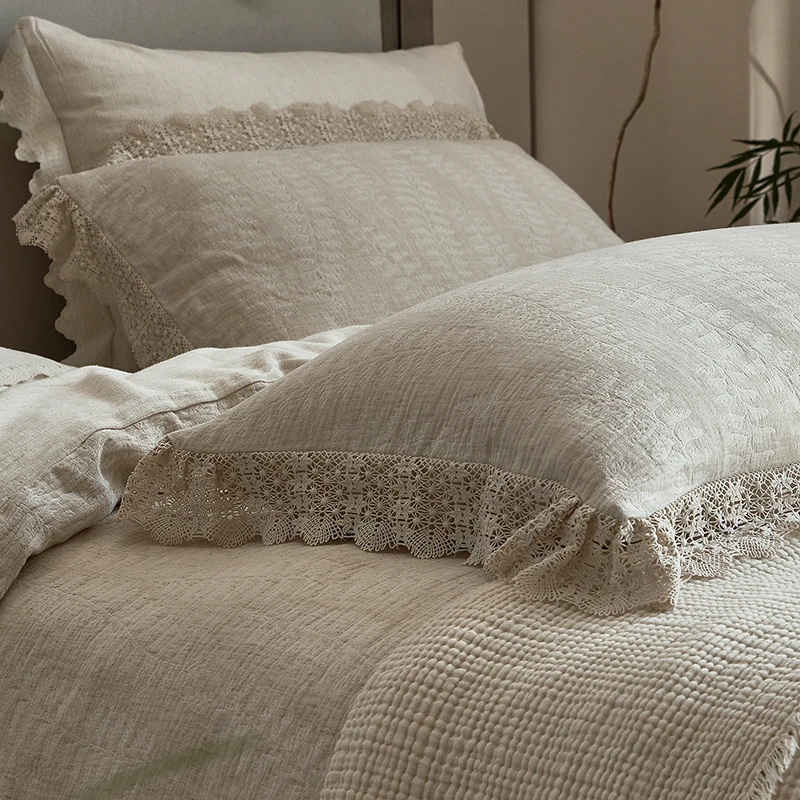 Zijpe~棉麻复古法式花边亲肤提花三层纱床单被套四件套床笠三件套