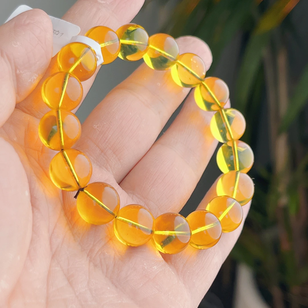 天然珠宝-10+墨西哥5A净水蓝珀玻璃体圆素珠琥珀珠国风新中式高蓝