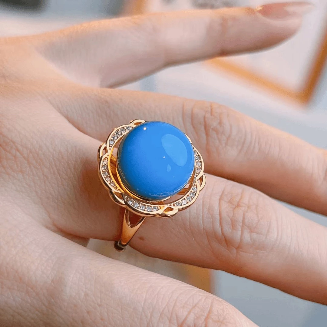 天然珠宝-墨西哥蓝珀14+圆珠戒指气质轻奢时尚复古经典古法可调节