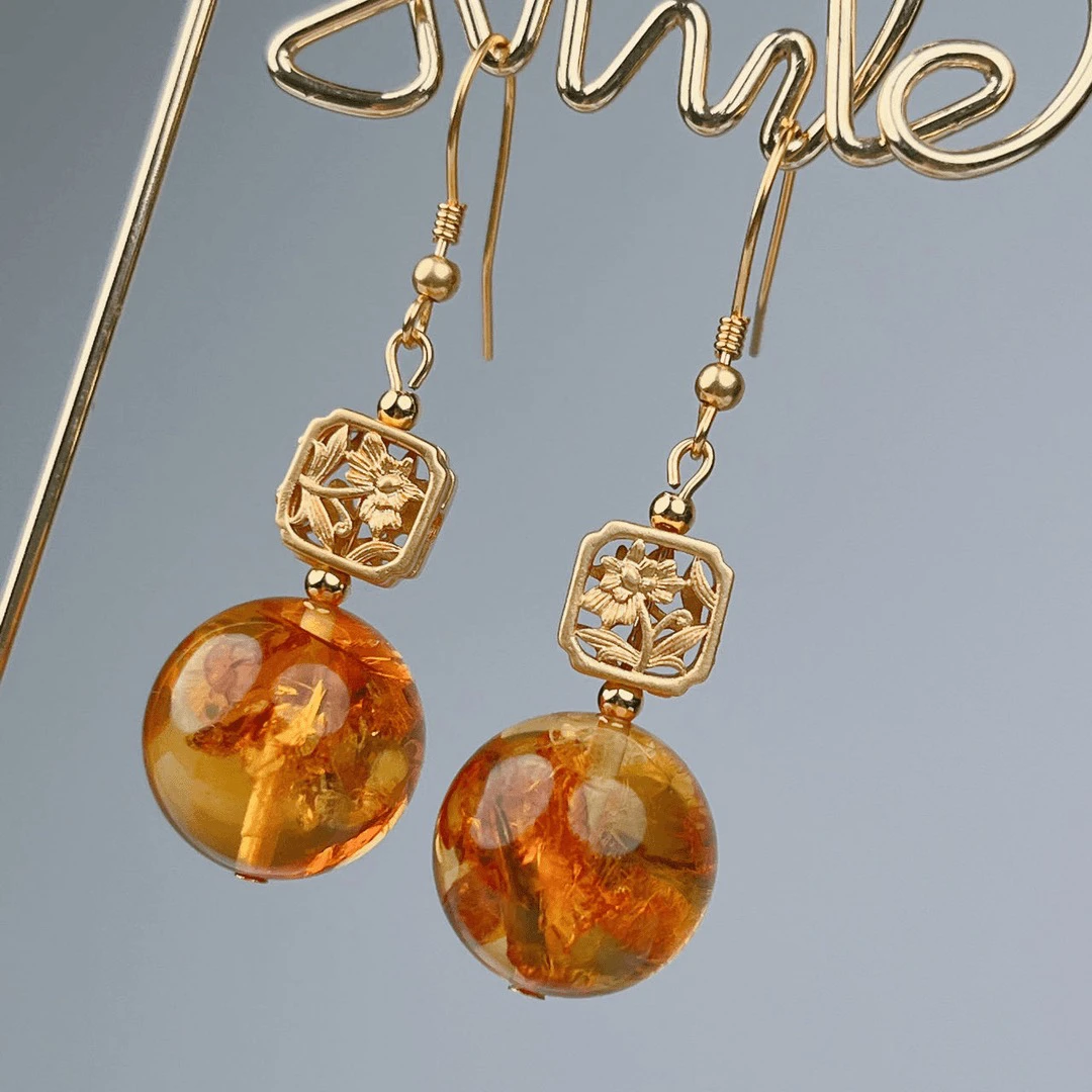 天然珠宝-俄料14+花珀圆珠耳环耳坠气质时尚百搭复古多样性发货