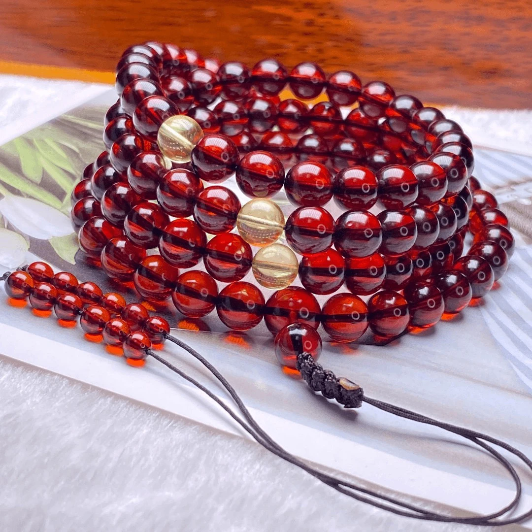 7+108缅甸天然琥珀圆珠串珠项链琥珀珠宝国风新中式红色