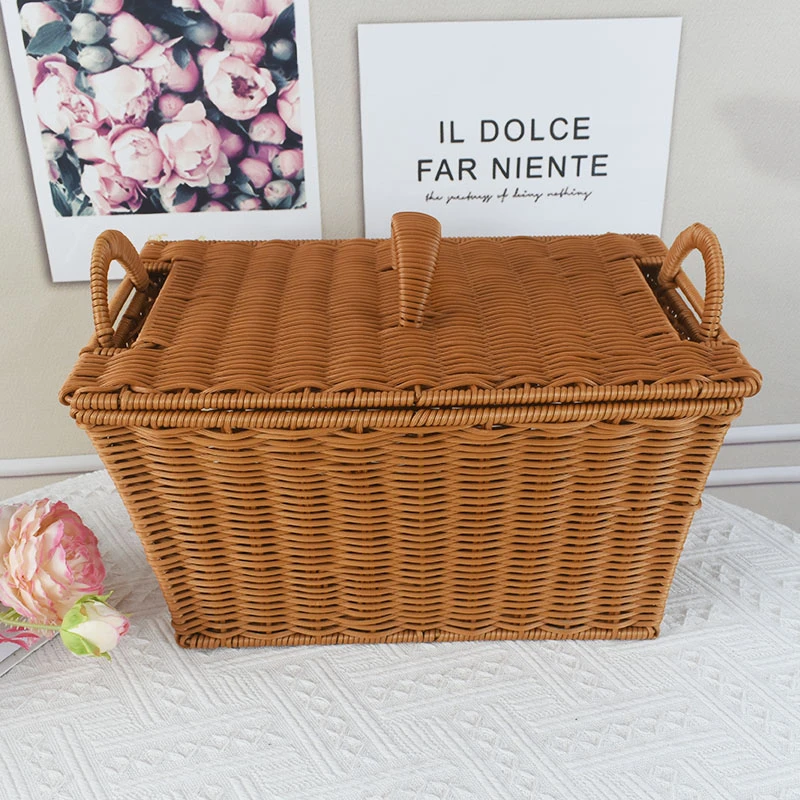 W025仿藤手工编织篮方形带盖储物筐超市家用水果零食篮户外野餐篮