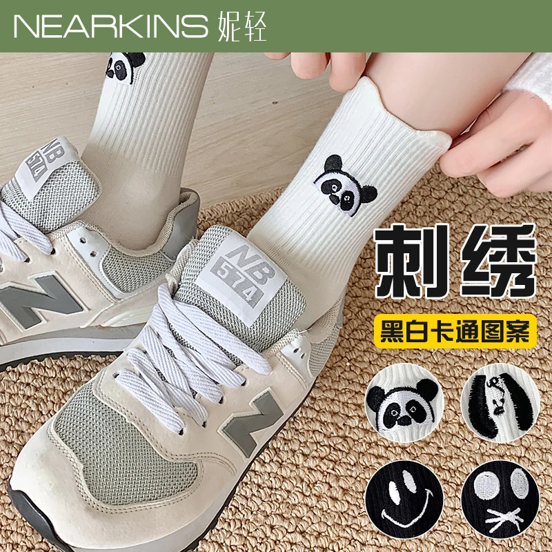 小熊猫袜子女中筒袜秋春夏无骨吸汗透气不臭脚初中女生刺绣长筒袜