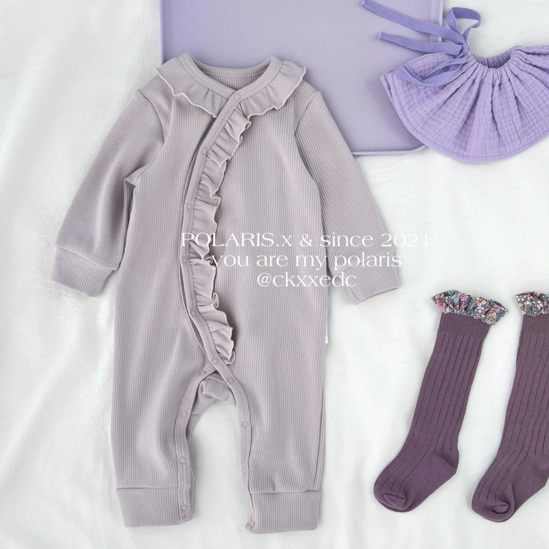 素粉黛紫|北欧女宝简约ins小众秋冬A类棉长袖连体衣爬服宝宝婴儿