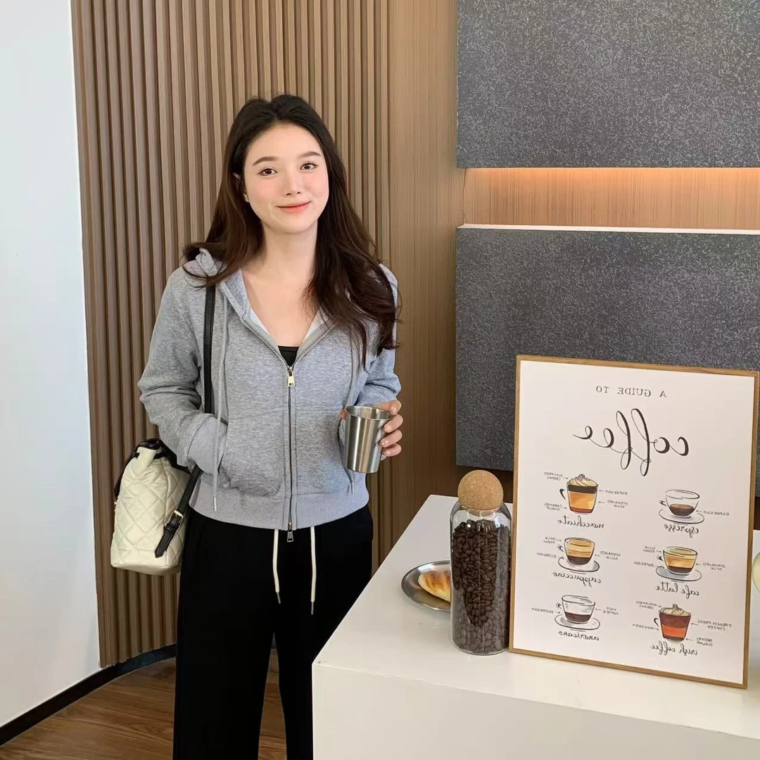【折扣】小羽酱小个子定制秋季韩版百搭休闲纯色连帽双拉链短款卫衣