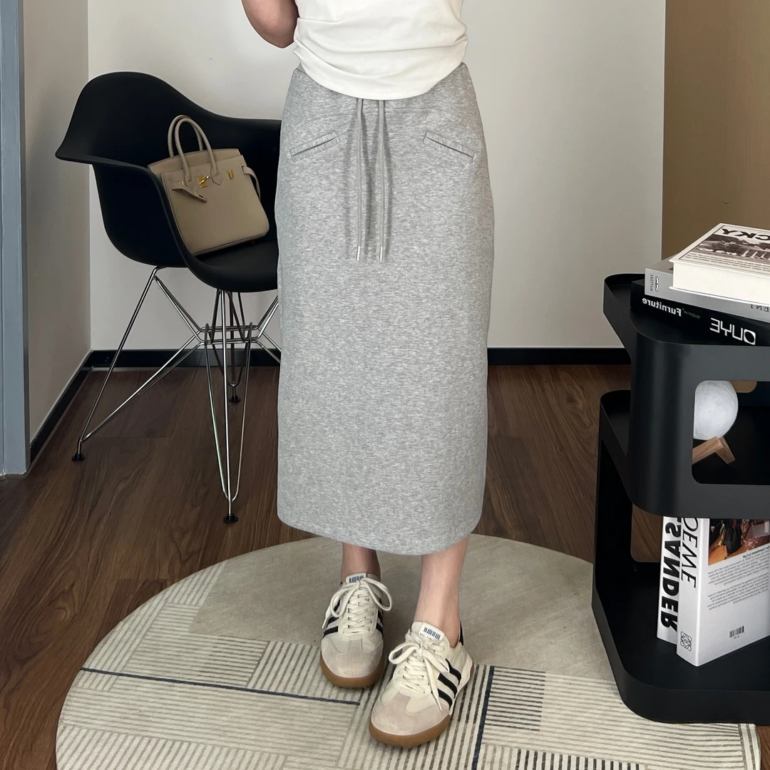 【折扣】小羽酱小个子定制百搭松紧抽绳高腰休闲显瘦后开叉半身裙