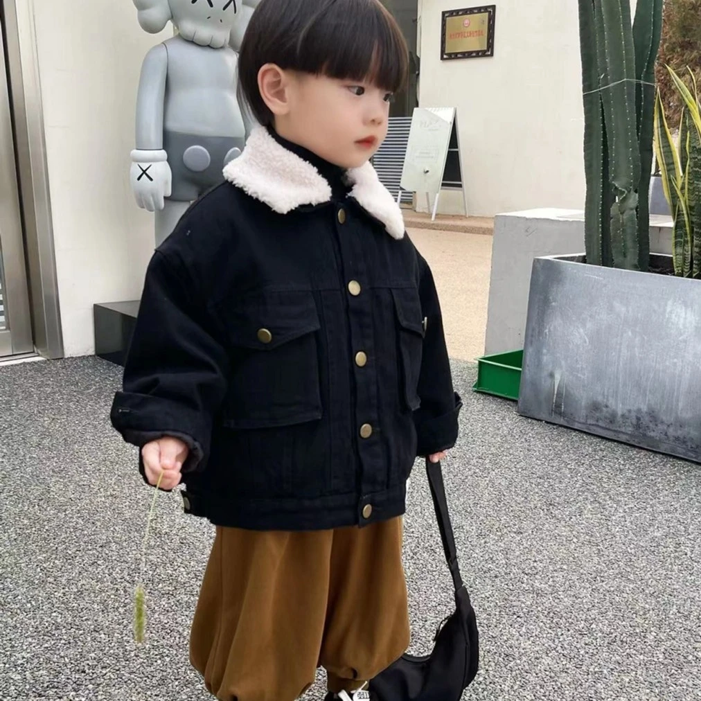 521棉服冬季韩系牛仔棉派克服韩版翻领纯色单排扣加绒男童中大童