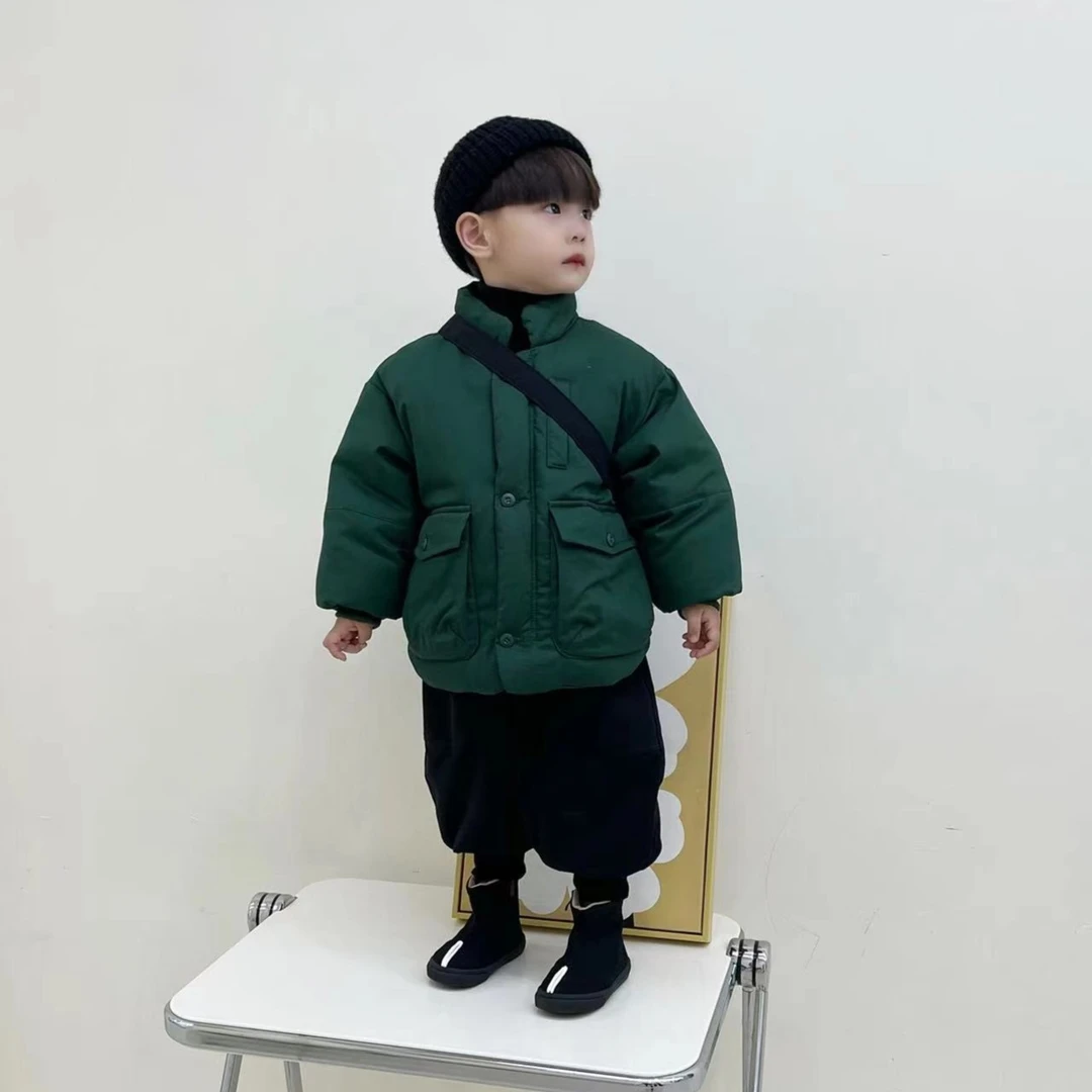 367棉服冬季短款韩系纯色立领韩版加厚单排扣拉链衫男童中大童