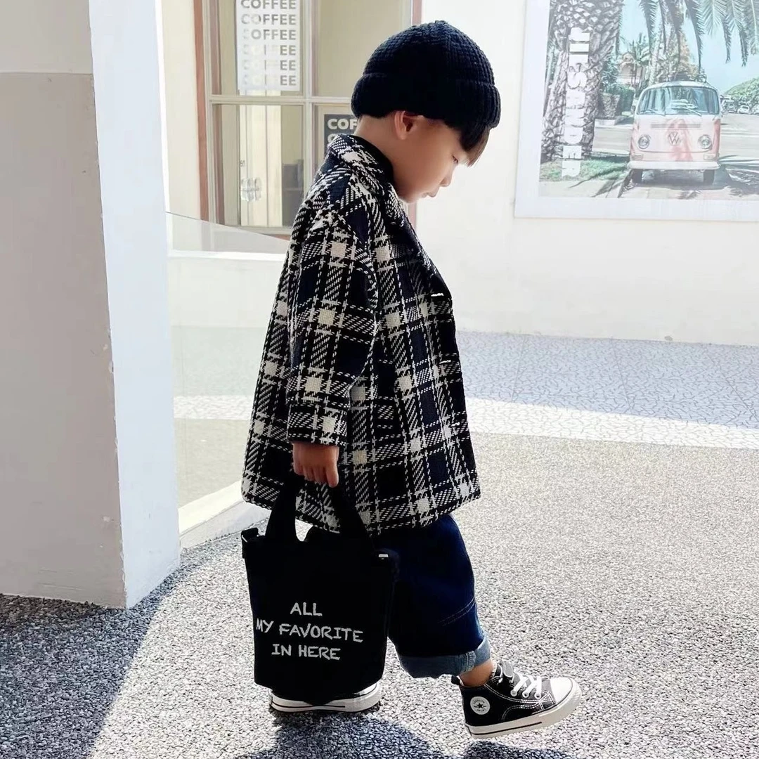 3301外套儿童秋季韩系百搭经典格子韩版中长款单排扣男童中大童