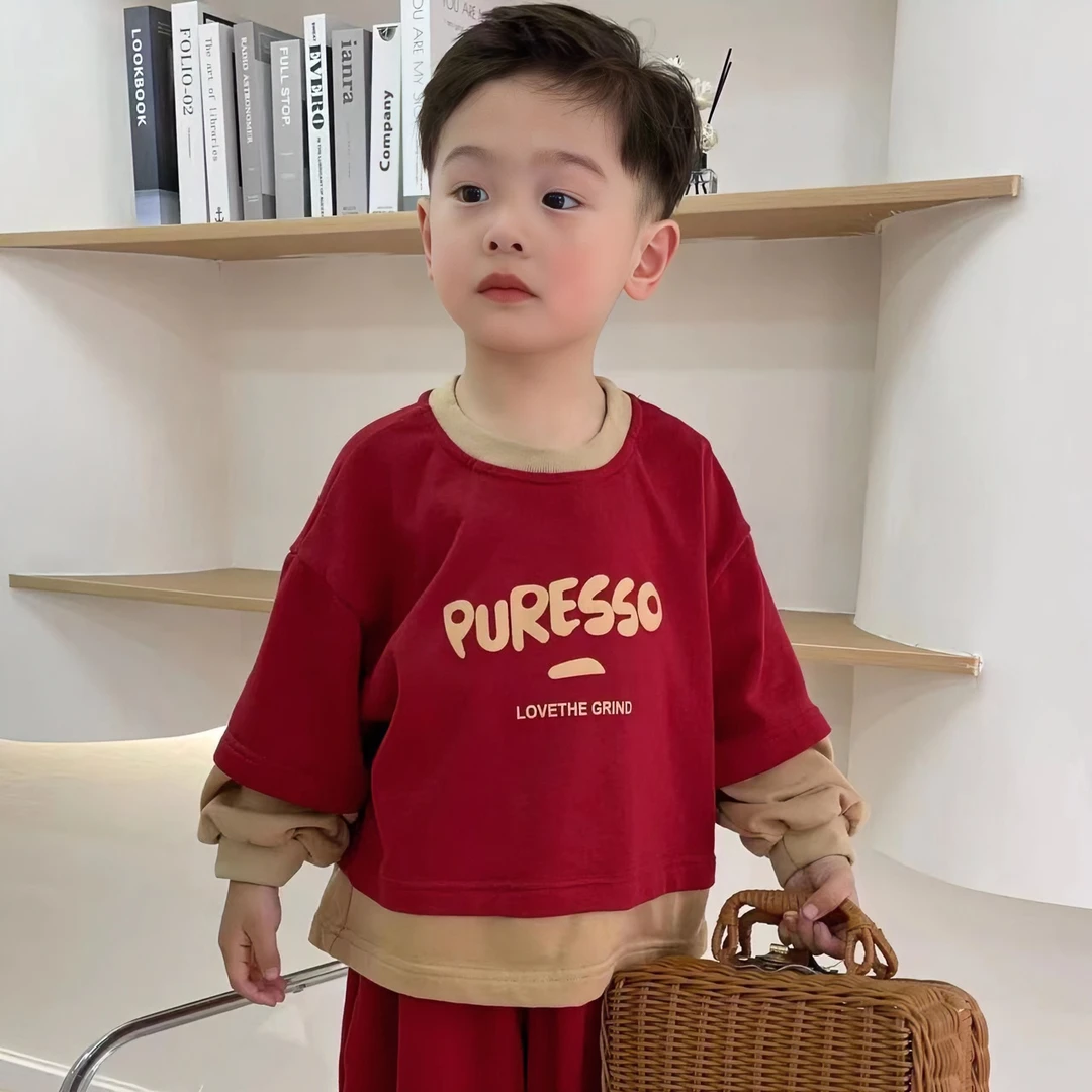 4555套装韩版儿童印花针织秋季假两件圆领男童中大童长袖裤子